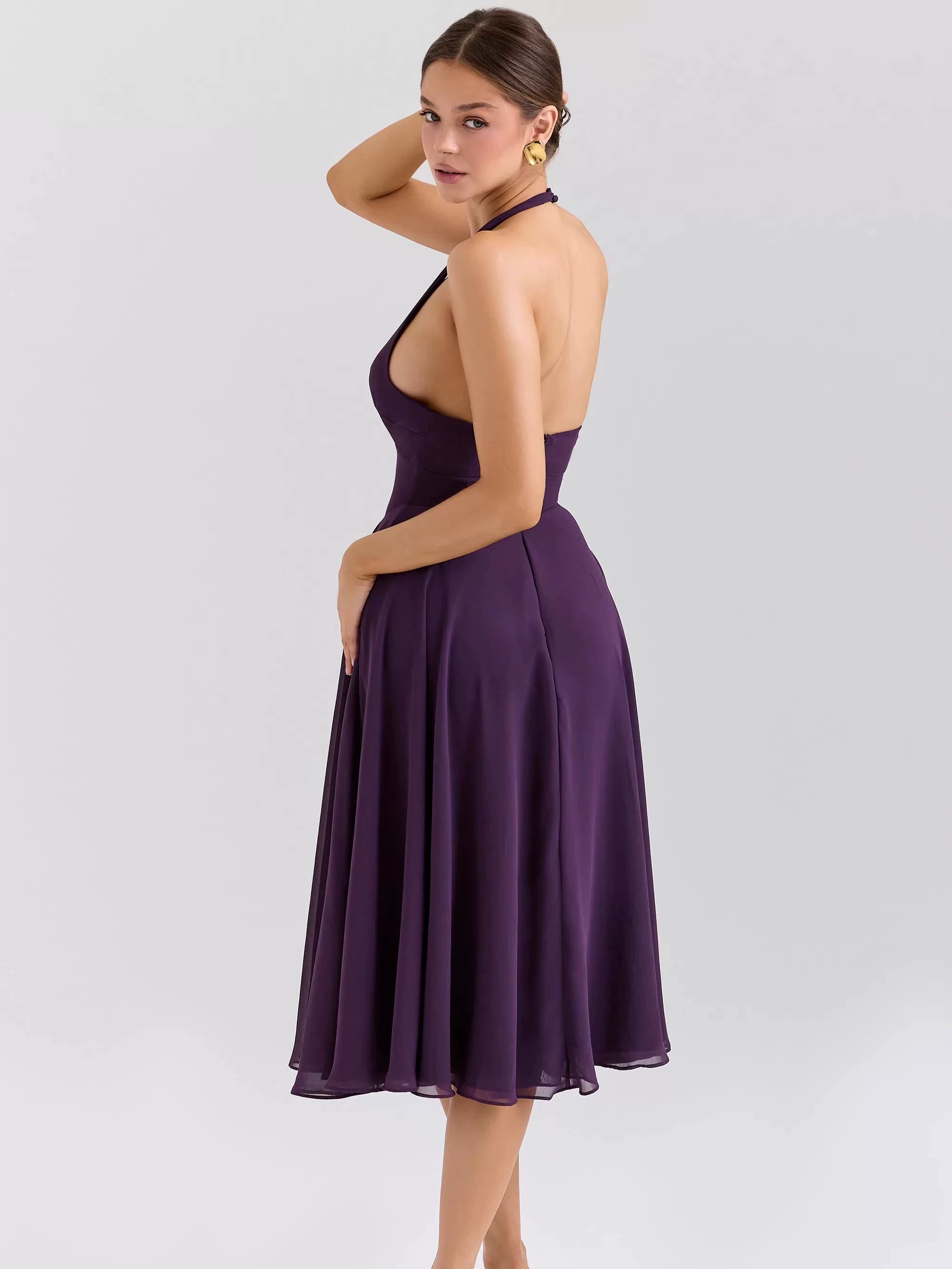 Lorbrv| French Romantic Purple Halter Neck Backless Deep V Dress for Women