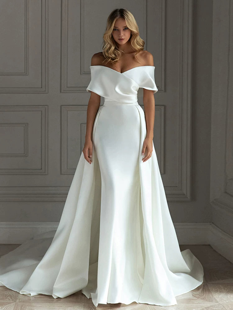Lorbrv | French Satin One-Shoulder Wedding Dress with Long Elegant Tail