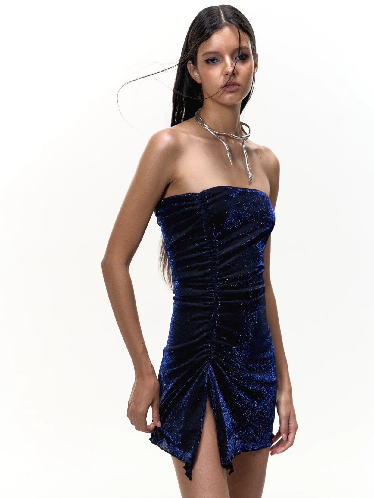 Lorbrv| Asymmetrical Tube Top Starry Print Mini Dress with Waist-Defining Fit