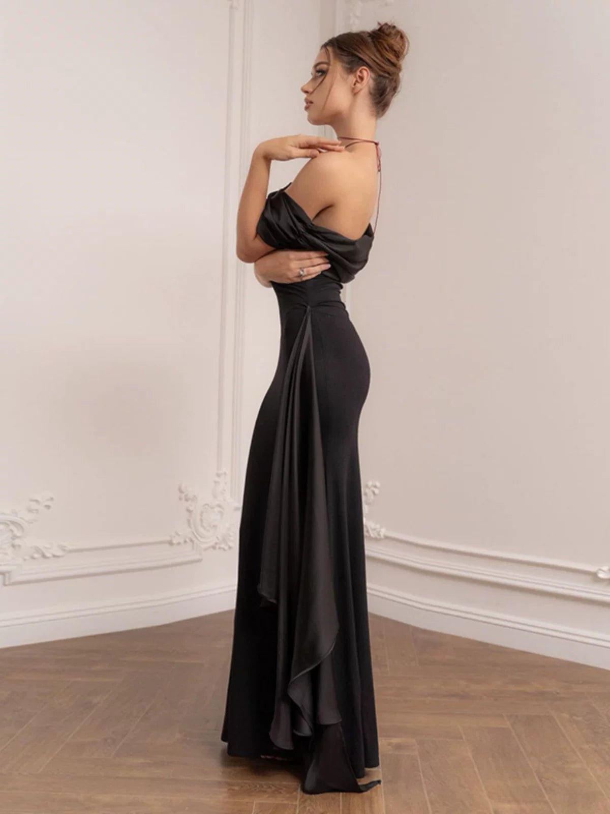 Lorbrv | European-American One-Shoulder Black Evening Dress for Women, Long Slim Dinner Party Gown