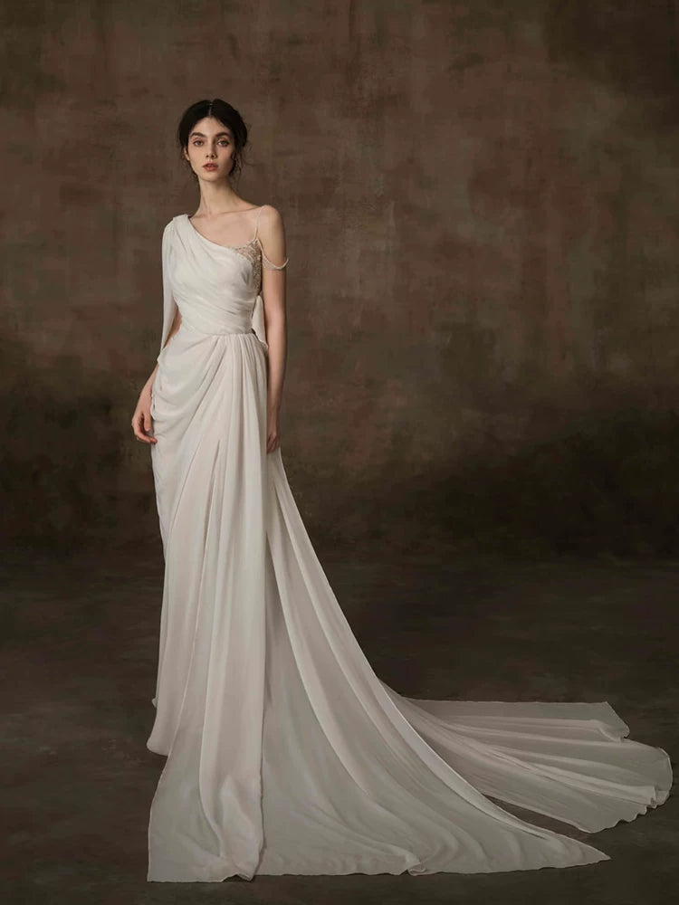 Lorbrv | Simple White French-Inspired Light Luxury Wedding Dress with Veil