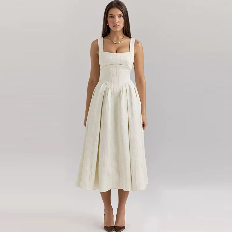 Lorbrv | French High-End Lustrous Suspender Midi Dress with Waist-Defining Fit
