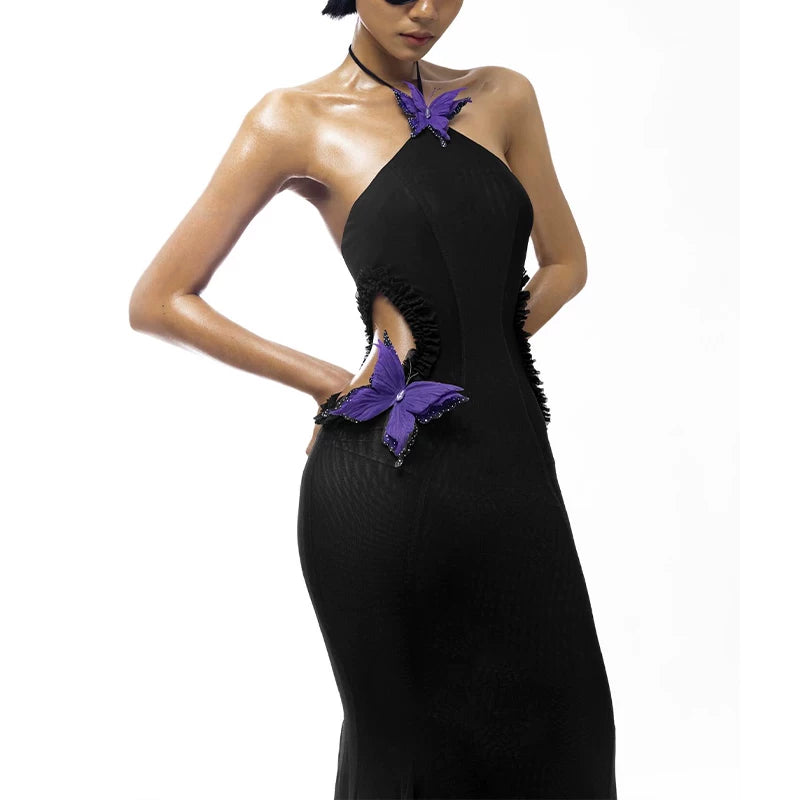 Lorbrv| French Elegant Butterfly Embellished Halter Fishtail Dress for Women