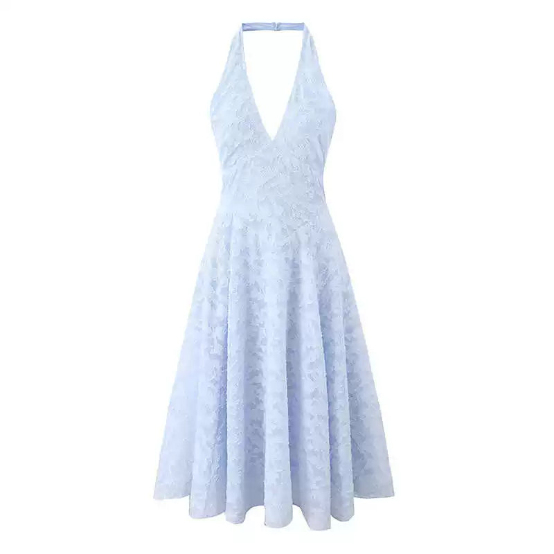 Lorbrv | French Fairy Blue Jacquard V-Neck Backless Halter Holiday Dress for Women