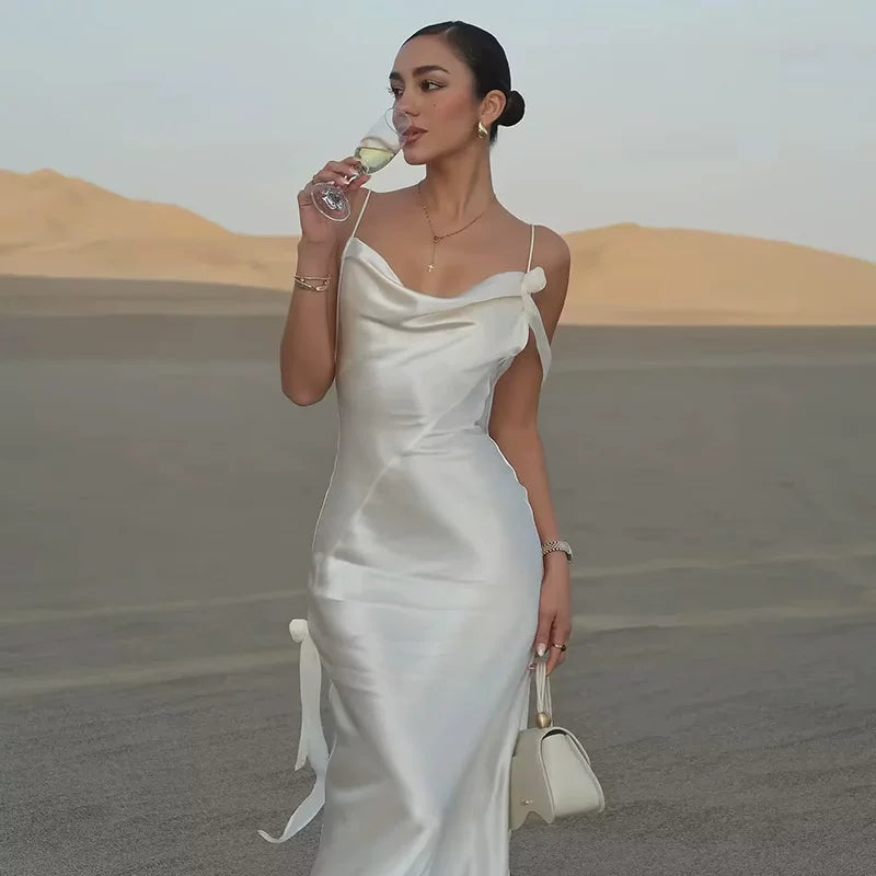 Lorbrv | French Satin Backless Holiday Slip Dress with Floral Detail