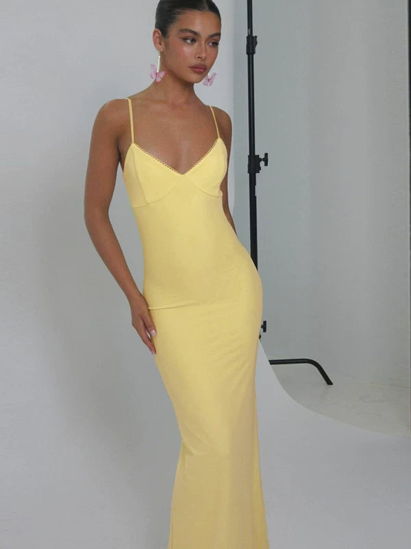Lorbrv | European-American Double-Layer Mesh Deep V-Neck Backless Suspender Maxi Dress for Women