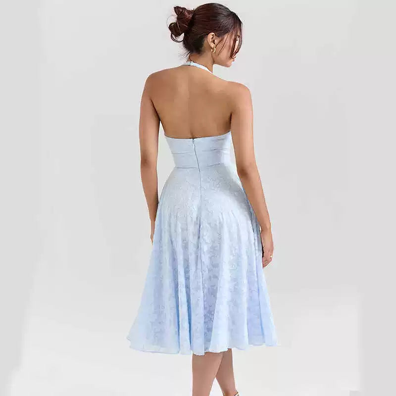 Lorbrv | French Fairy Blue Jacquard V-Neck Backless Halter Holiday Dress for Women