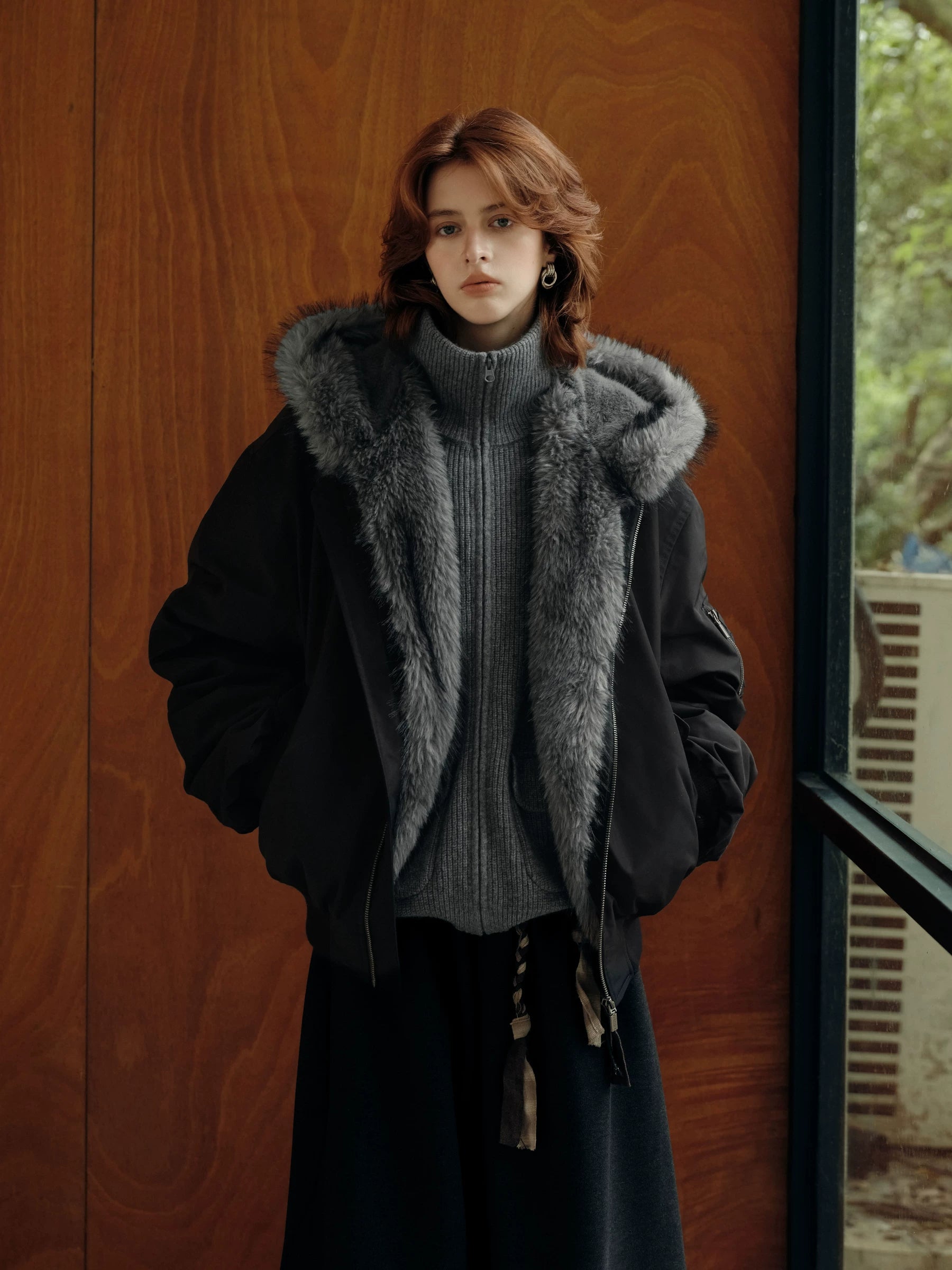 Lorbrv | American Knitted Bomber Jacket with Fur Collar