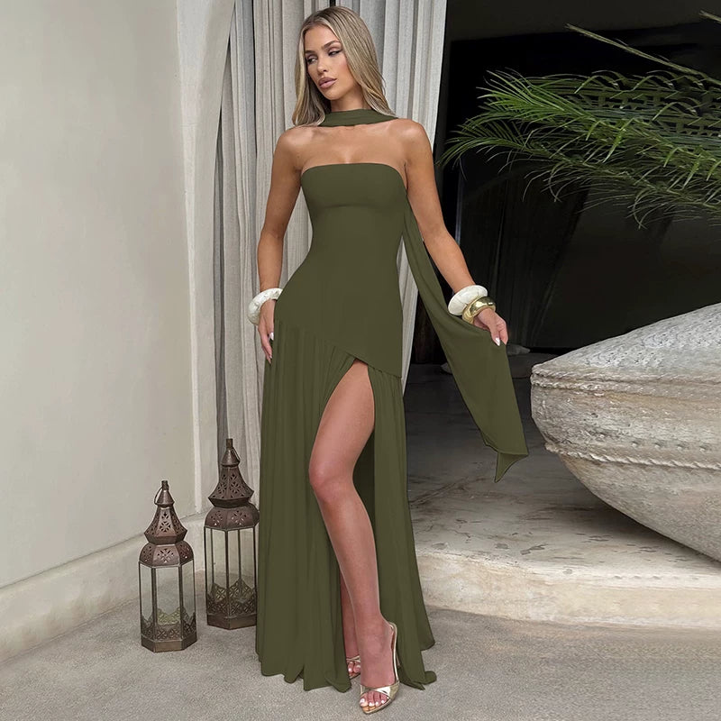 Lorbrv | European-American One-Shoulder Tube Top High-Slit MIDI Dress for Women