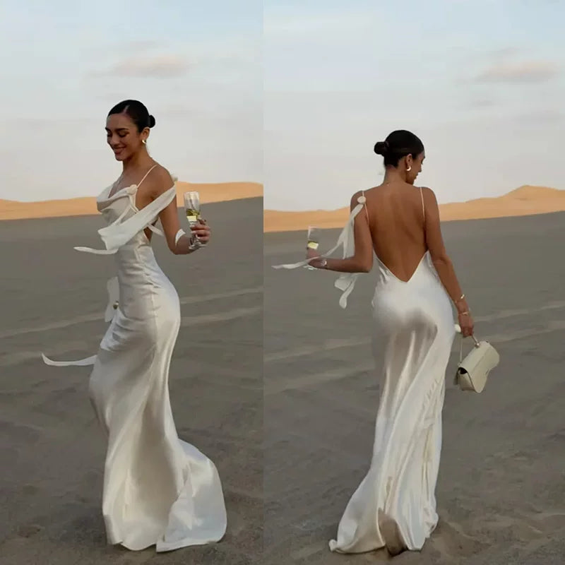 Lorbrv | French Satin Backless Holiday Slip Dress with Floral Detail