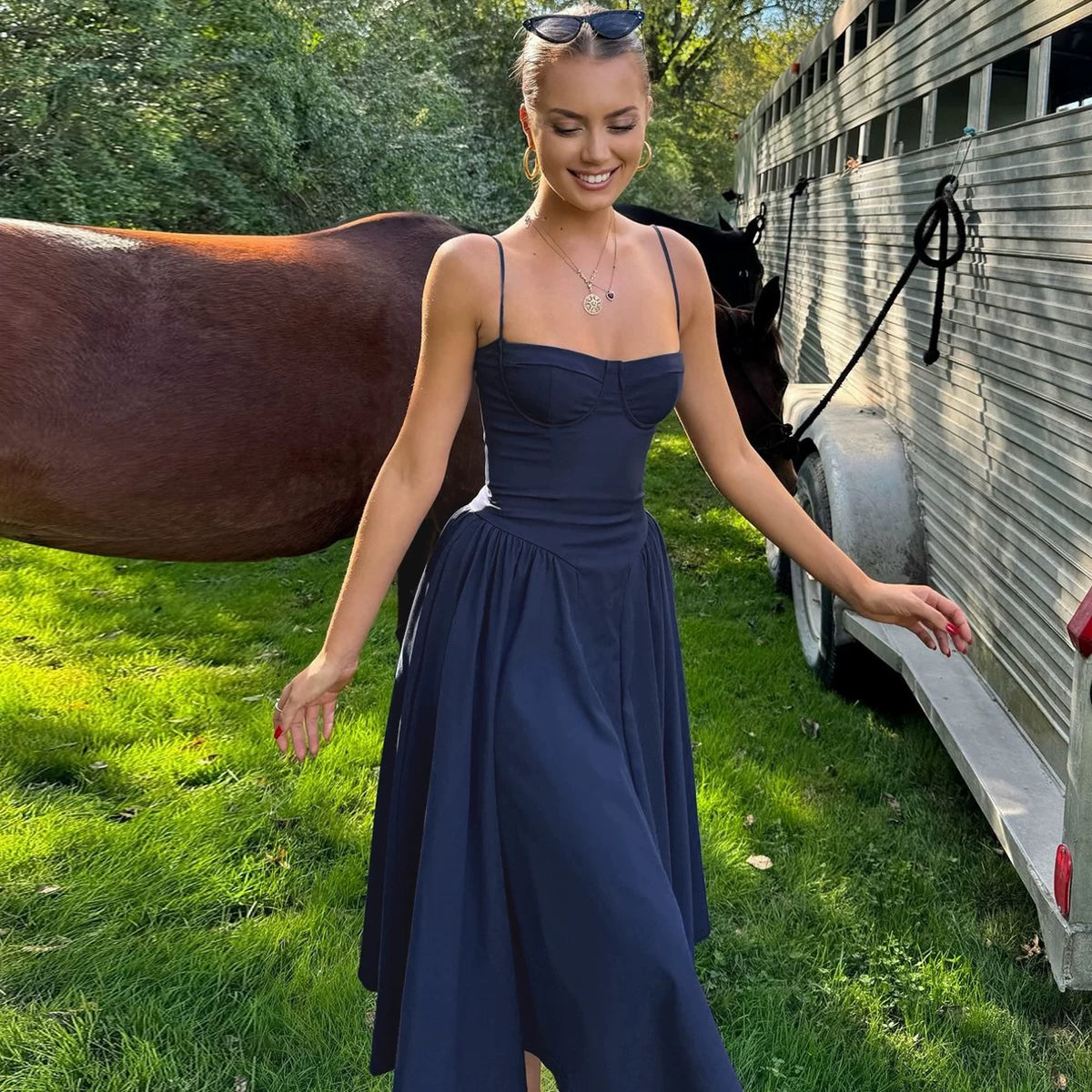 Lorbrv| European-American One-Shoulder Suspender Pleated Maxi Dress for Women