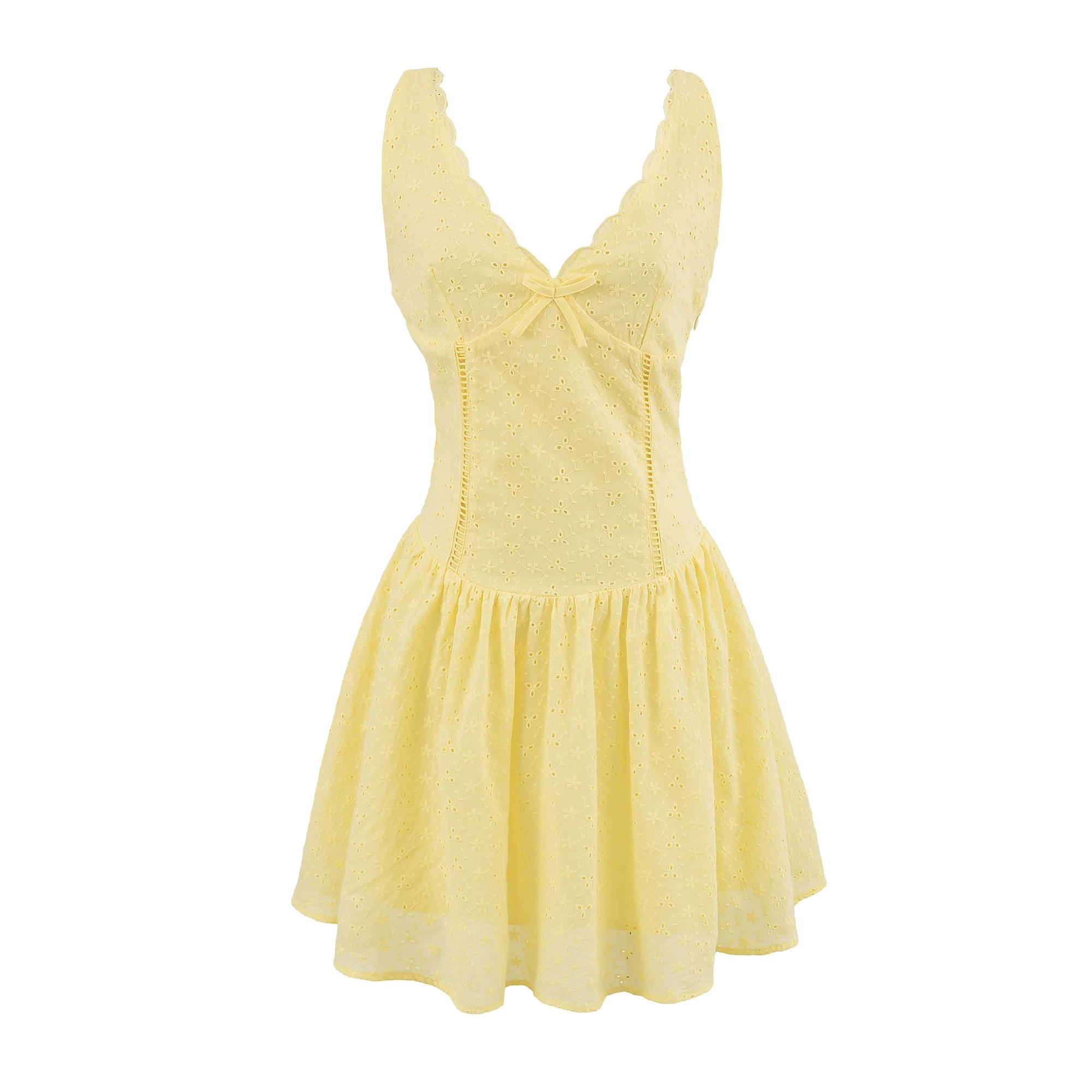 Lorbrv | French Pure Desire Deep V-Neck Bow Embroidered Lace A-Line Mini Dress for Women