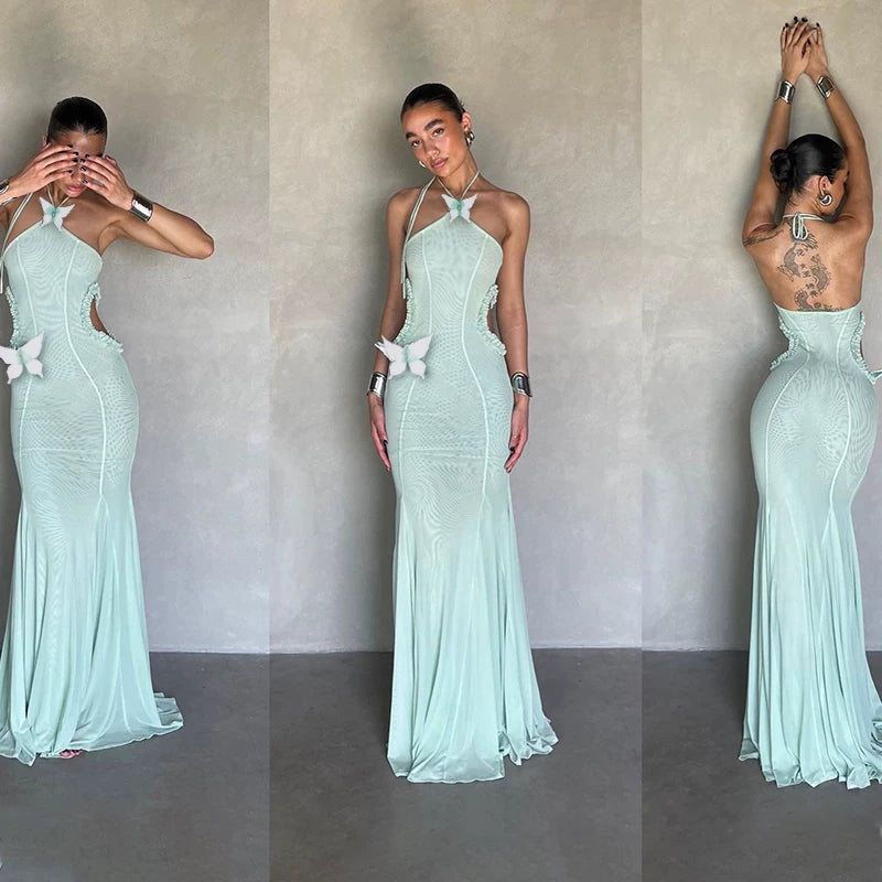 Lorbrv| French Elegant Butterfly Embellished Halter Fishtail Dress for Women