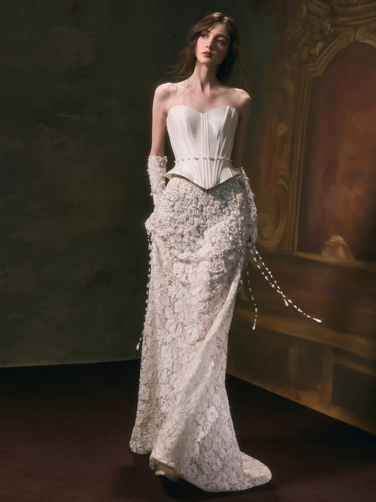 Lorbrv | French Tube Top White Pearl Lace Fishtail Wedding Dress