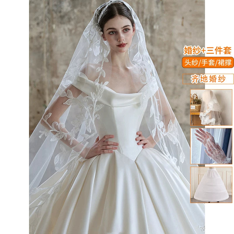 Lorbrv | One-Shoulder French High-End Satin Wedding Dress with Trailing Skirt