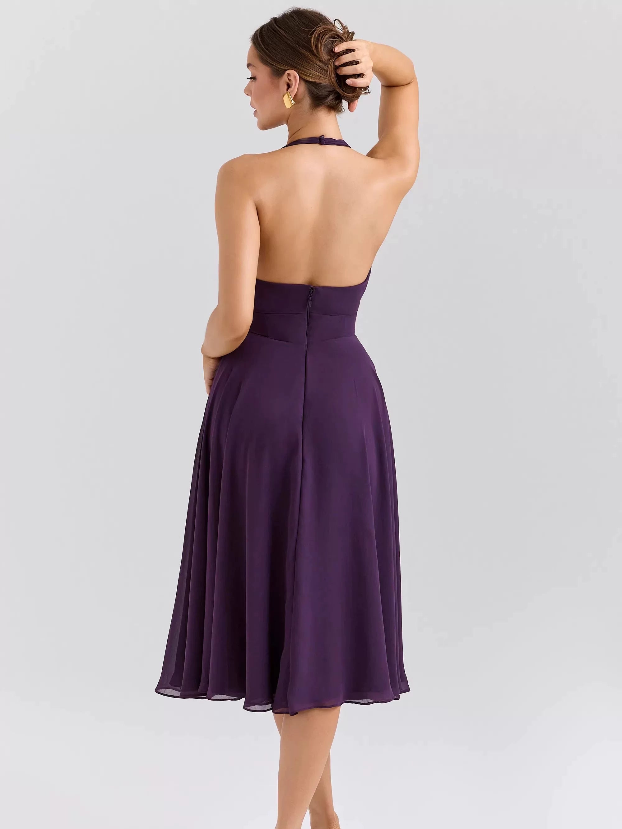 Lorbrv| French Romantic Purple Halter Neck Backless Deep V Dress for Women
