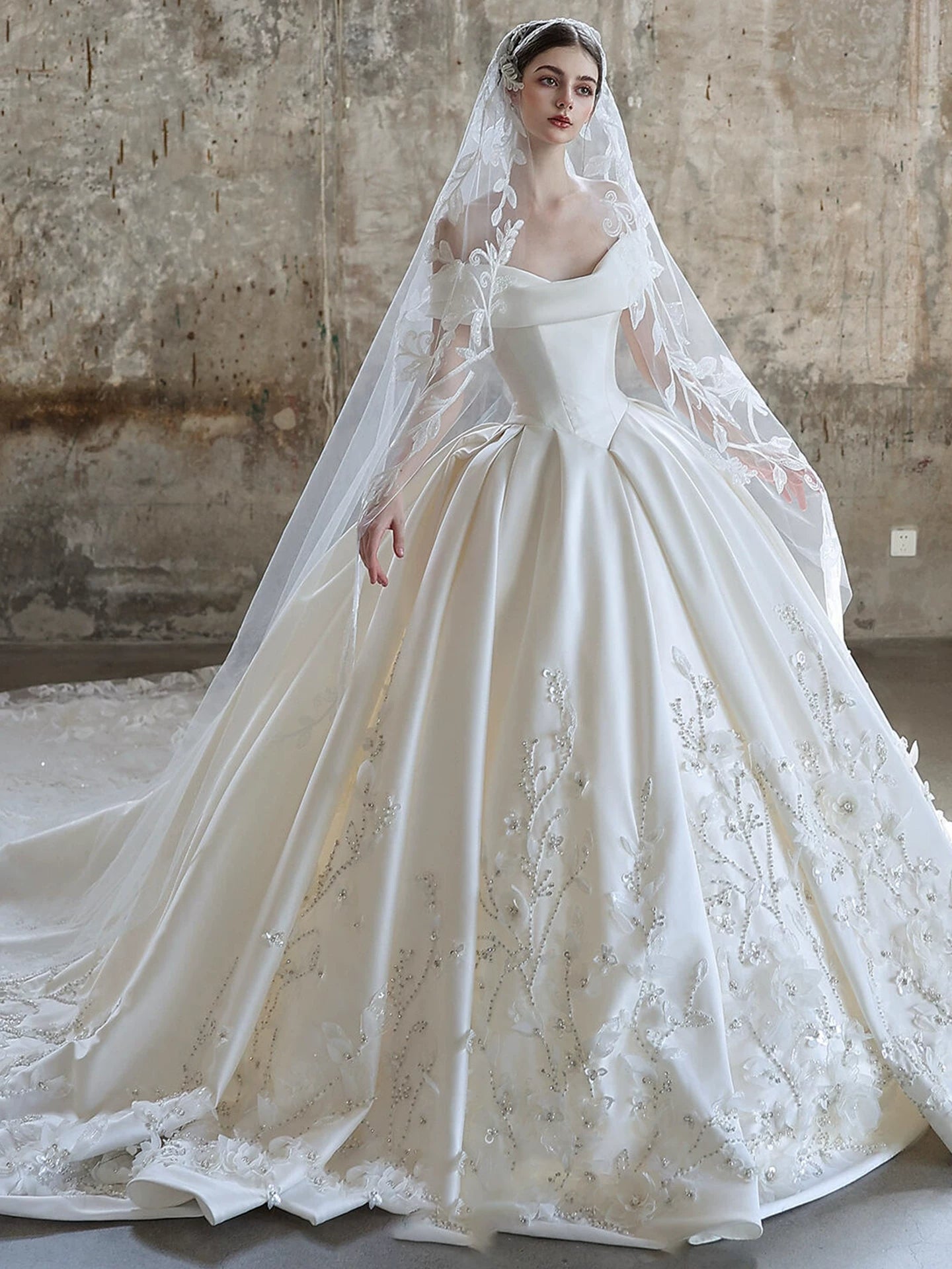 Lorbrv | One-Shoulder French High-End Satin Wedding Dress with Trailing Skirt