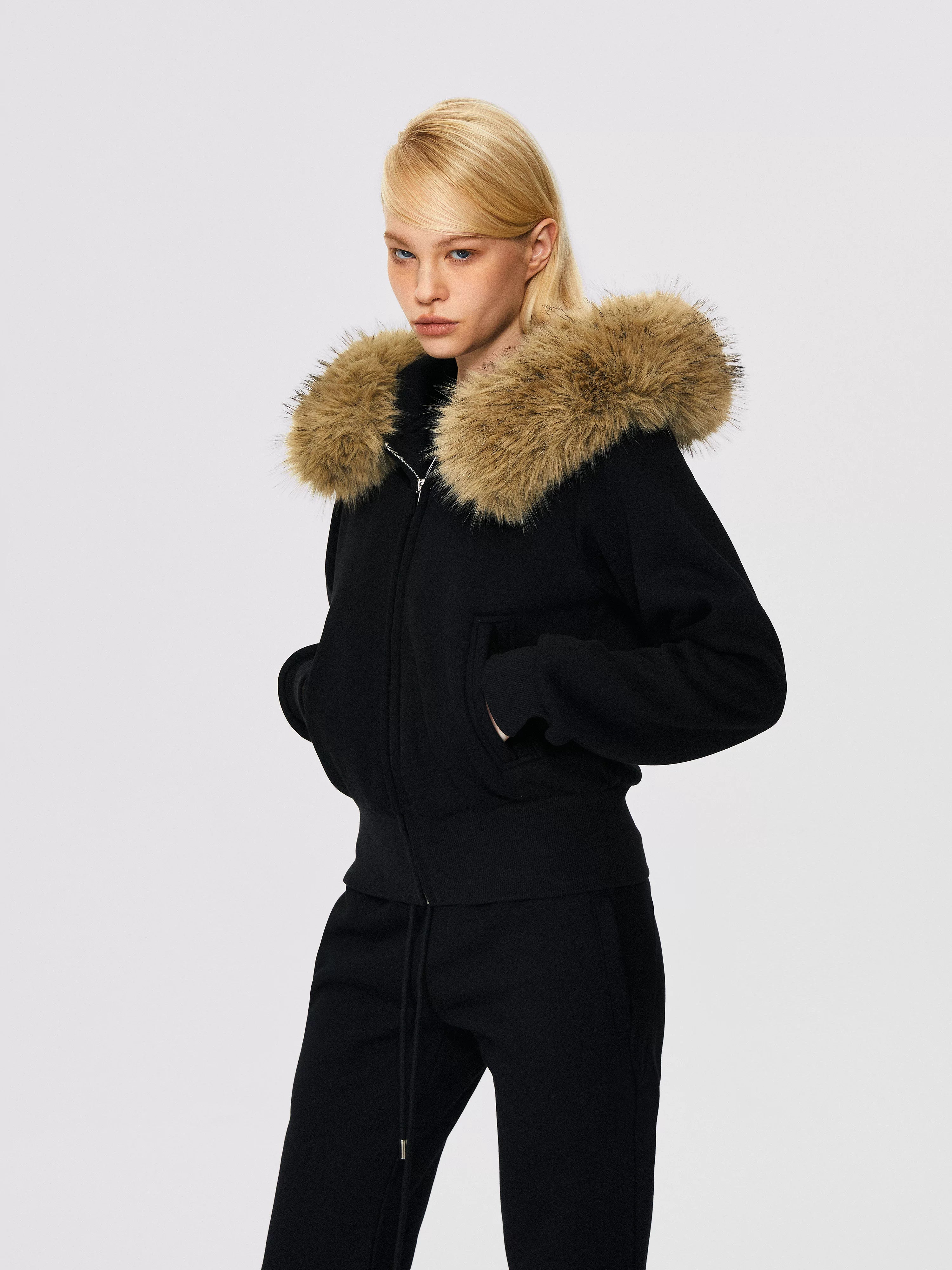 Lorbrv | Fur-Lined Hooded Zipper Sweatshirt Jacket for Women