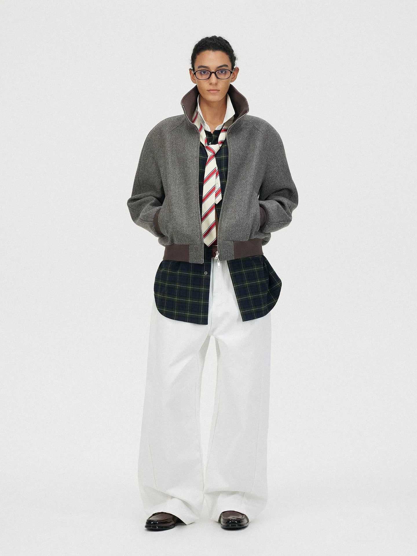 Lorbrv | Herringbone Wool High-Collar Curved Shoulder Jacket