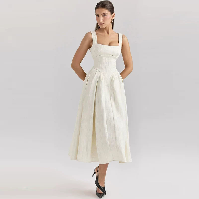 Lorbrv | French High-End Lustrous Suspender Midi Dress with Waist-Defining Fit