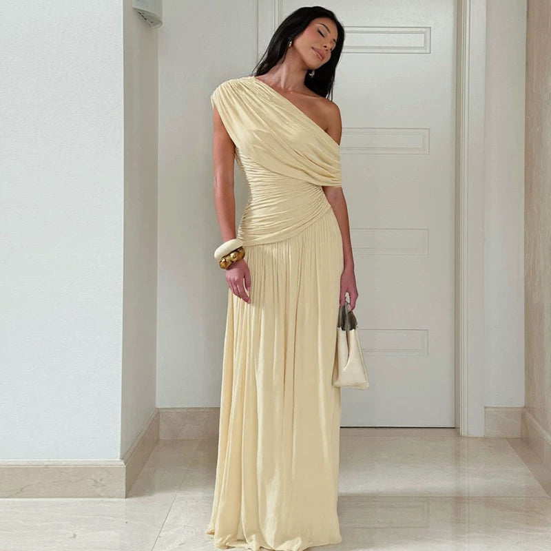 Lorbrv | Irregular Off-Shoulder High-Waist Pleated Maxi Dress for Women