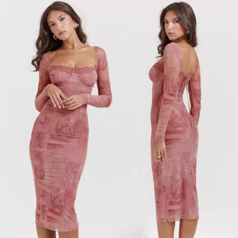 Lorbrv| French Retro Lace Printed Bodycon Dress for Women