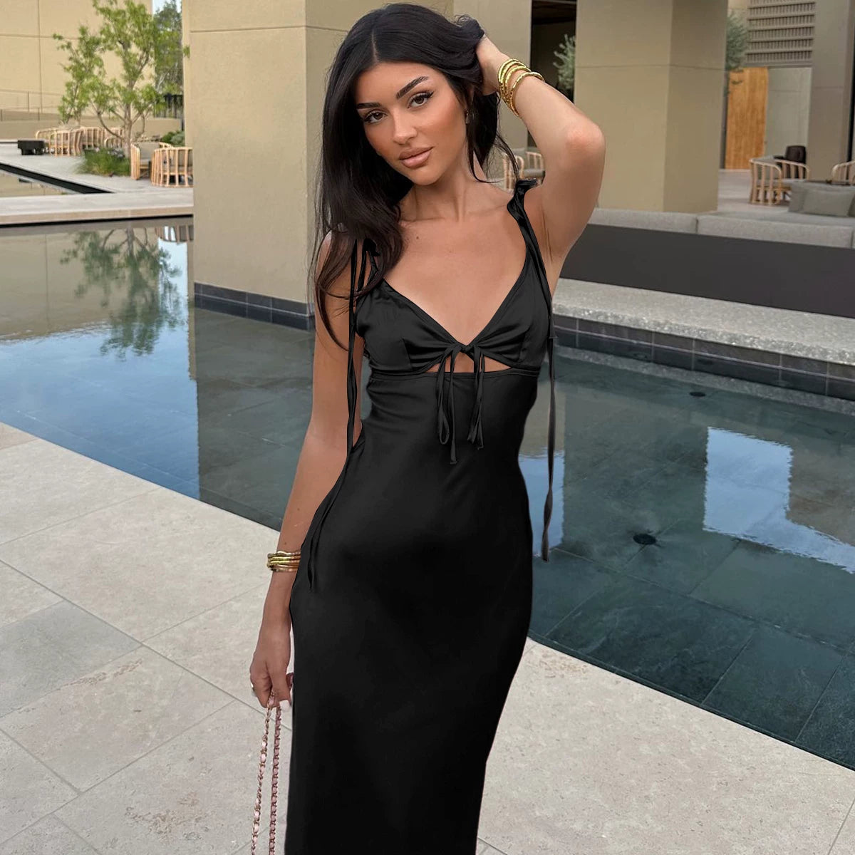 Lorbrv | French-Inspired Satin Suspender Dress with Hollow Design and Fishtail midi Skirt