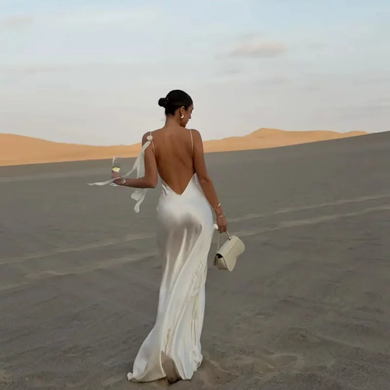 Lorbrv | French Satin Backless Holiday Slip Dress with Floral Detail