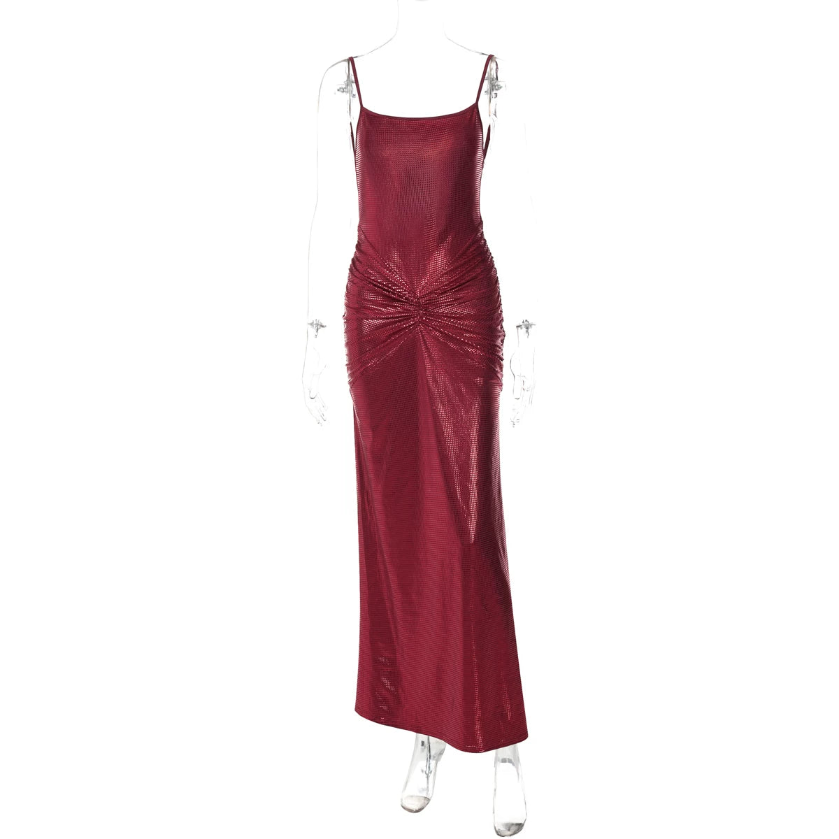 Lorbrv | Reflective Sequin Backless Suspender Maxi Dress with Pleated Waist