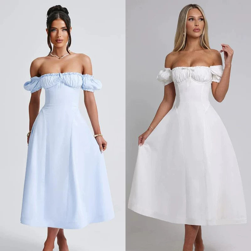 Lorbrv | French Sweet One-Shoulder Puff Sleeve Midi Dress with Bow