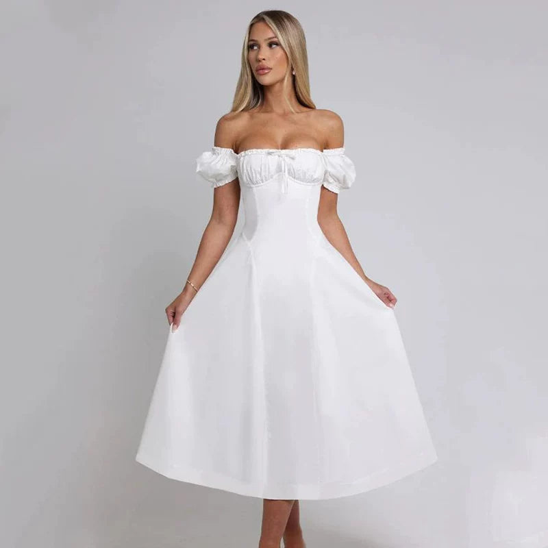 Lorbrv | French Sweet One-Shoulder Puff Sleeve Midi Dress with Bow