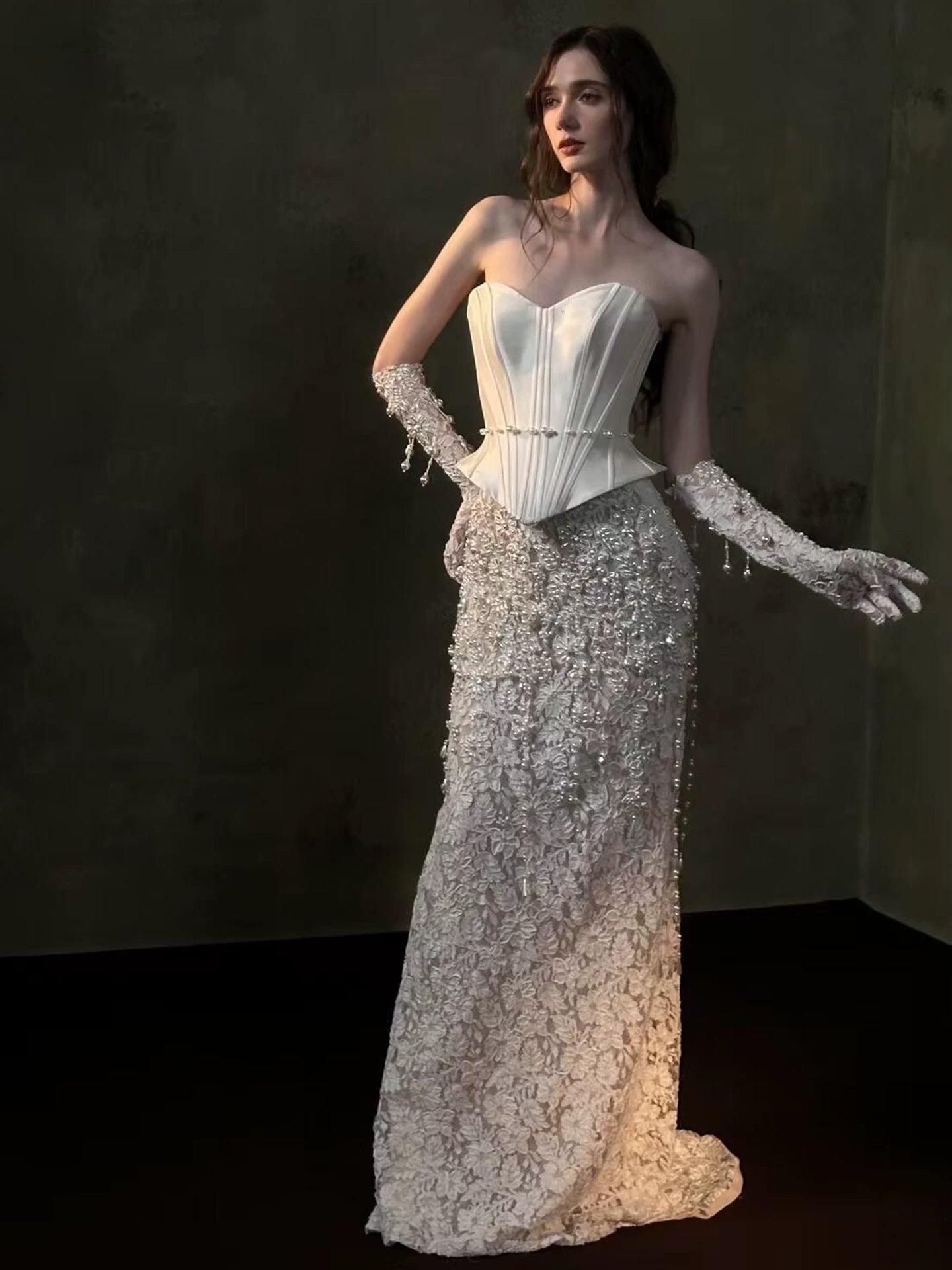 Lorbrv | French Tube Top White Pearl Lace Fishtail Wedding Dress