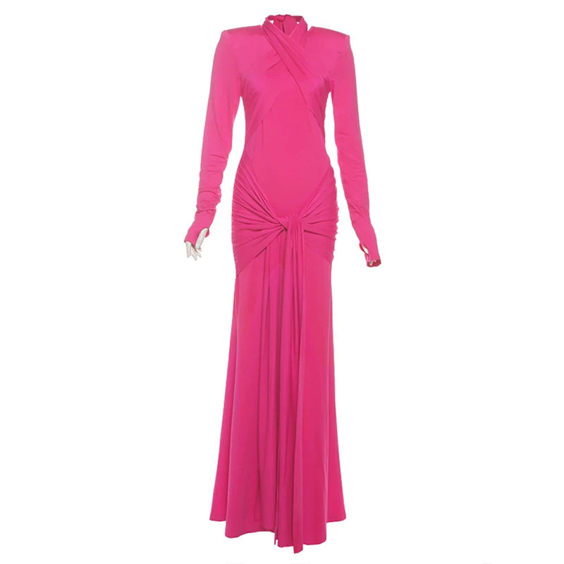 Lorbrv | Greek Goddess Style Cross Halter Pleated Long-Sleeve Dress with Ribbon Hip Skirt