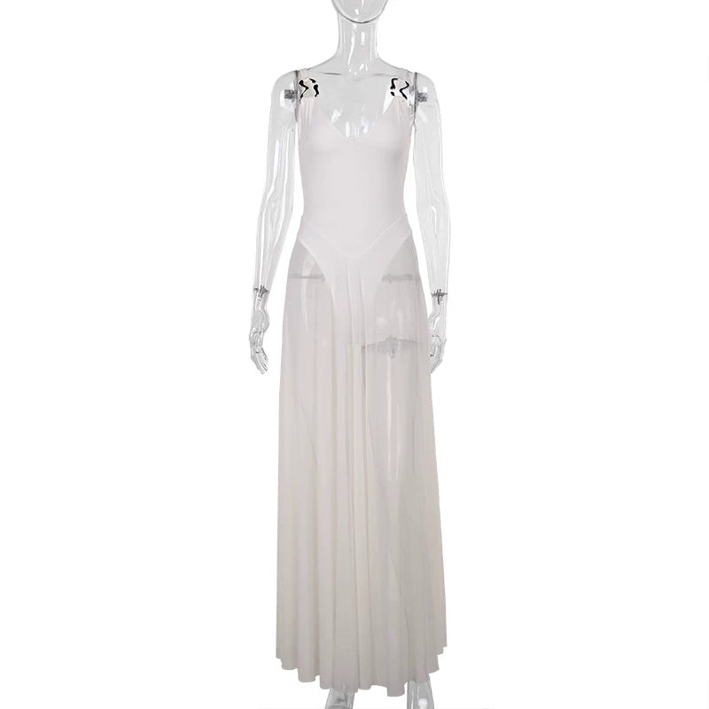 Lorbrv | European-American Retro Mesh Spliced Suspender Maxi Dress for Summer Vacation