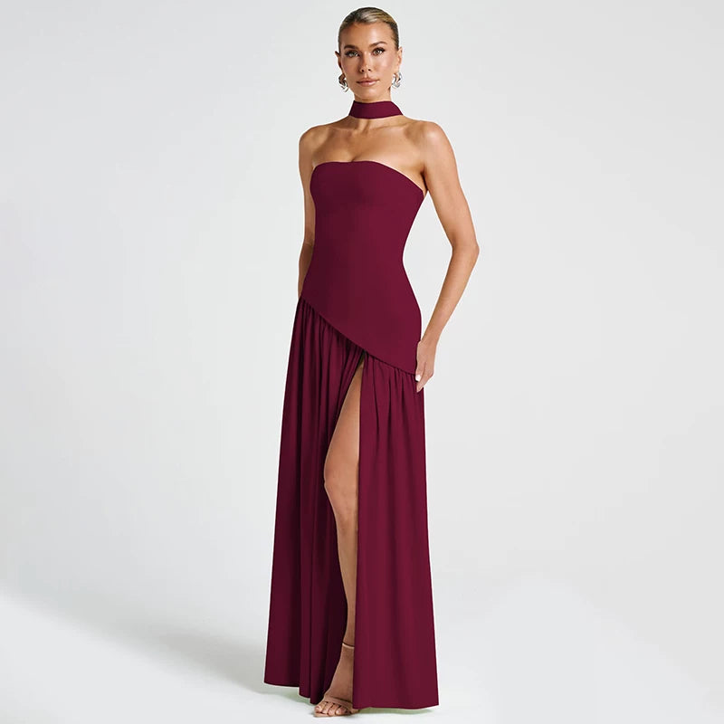 Lorbrv | European-American One-Shoulder Tube Top High-Slit MIDI Dress for Women