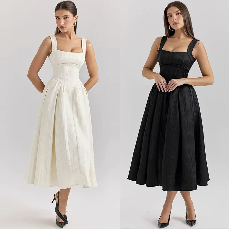 Lorbrv | French High-End Lustrous Suspender Midi Dress with Waist-Defining Fit