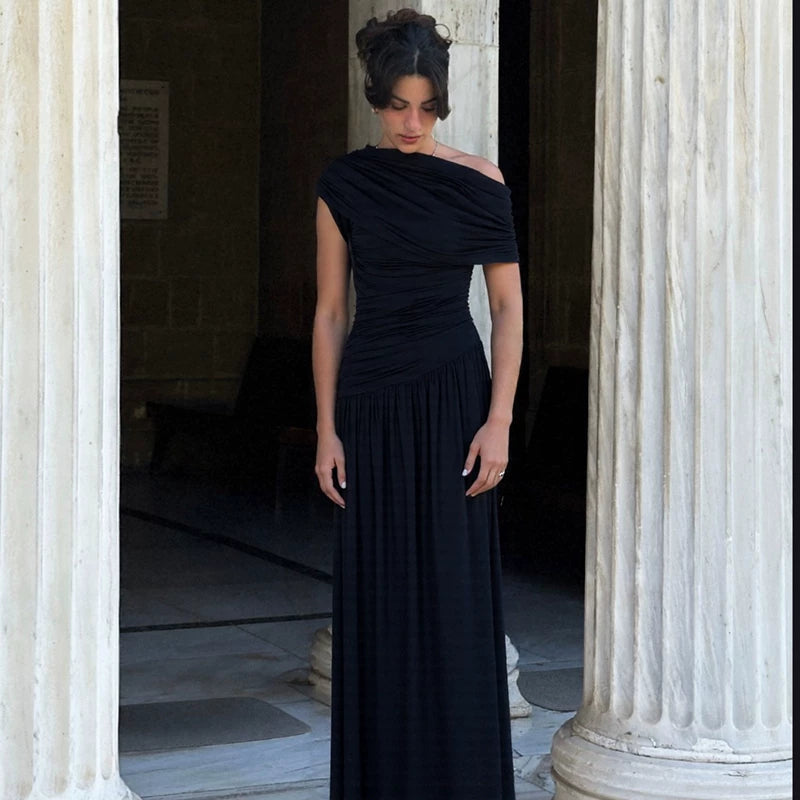 Lorbrv | Irregular Off-Shoulder High-Waist Pleated Maxi Dress for Women