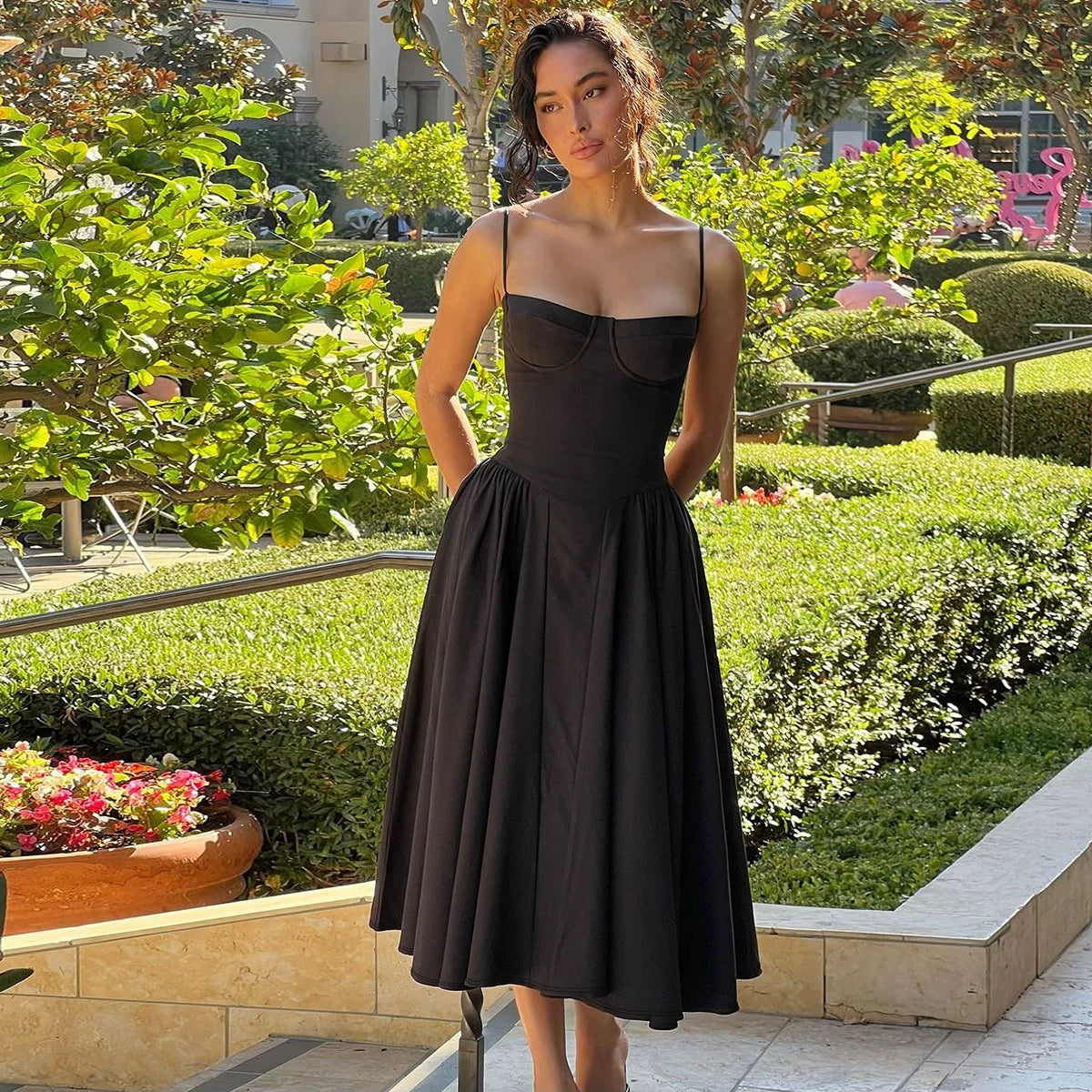 Lorbrv| European-American One-Shoulder Suspender Pleated Maxi Dress for Women