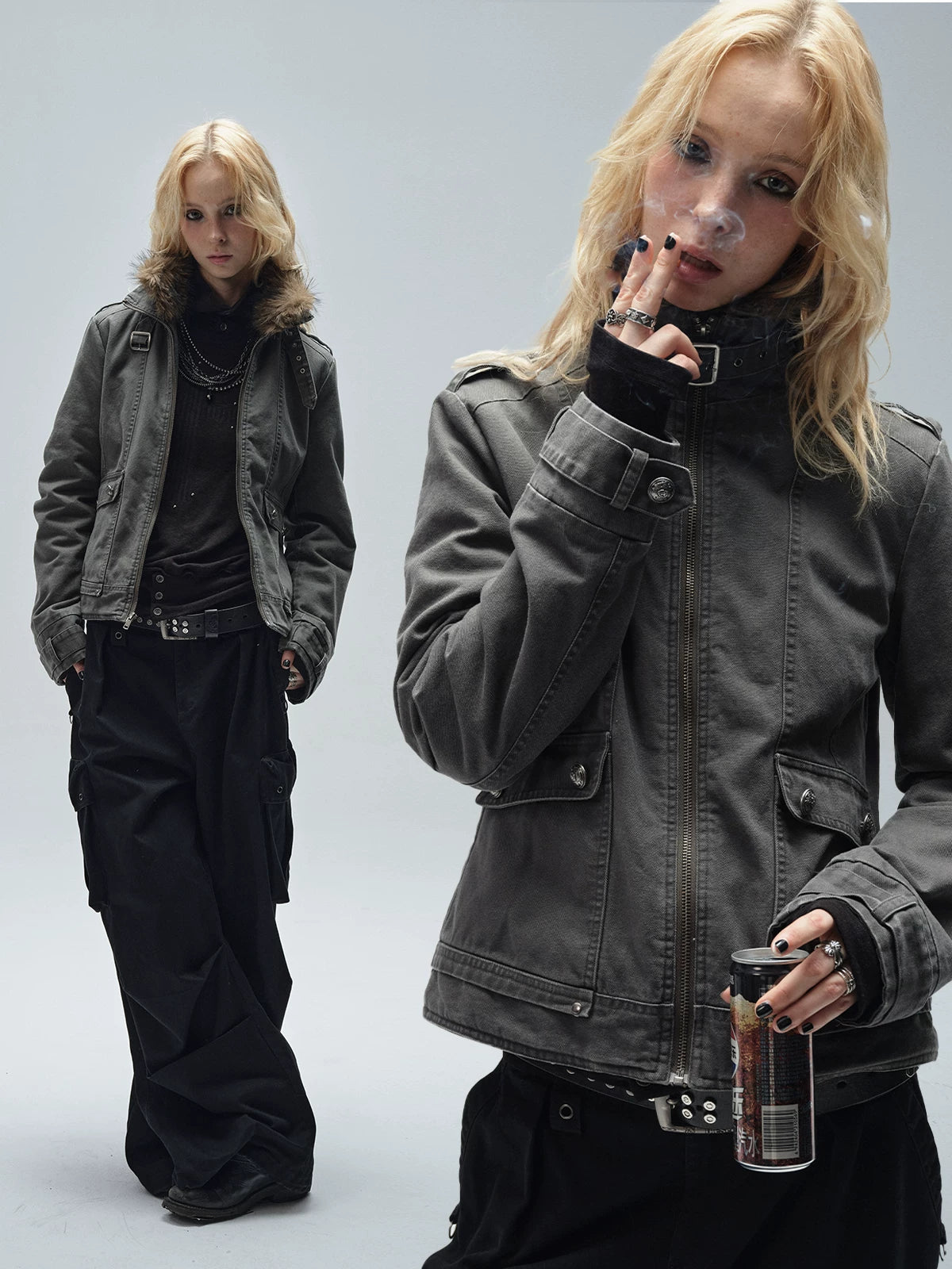 Lorbrv | Detachable Fur Collar Quilted Punk Jacket with Metal Buckle