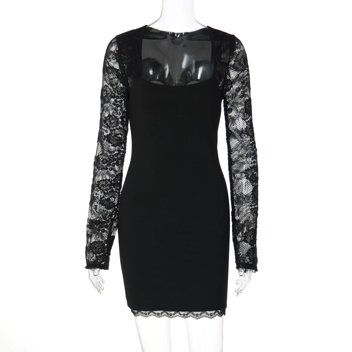 Lorbrv| Temperament Square Neck Lace Splicing Long-Sleeve Dress for Women