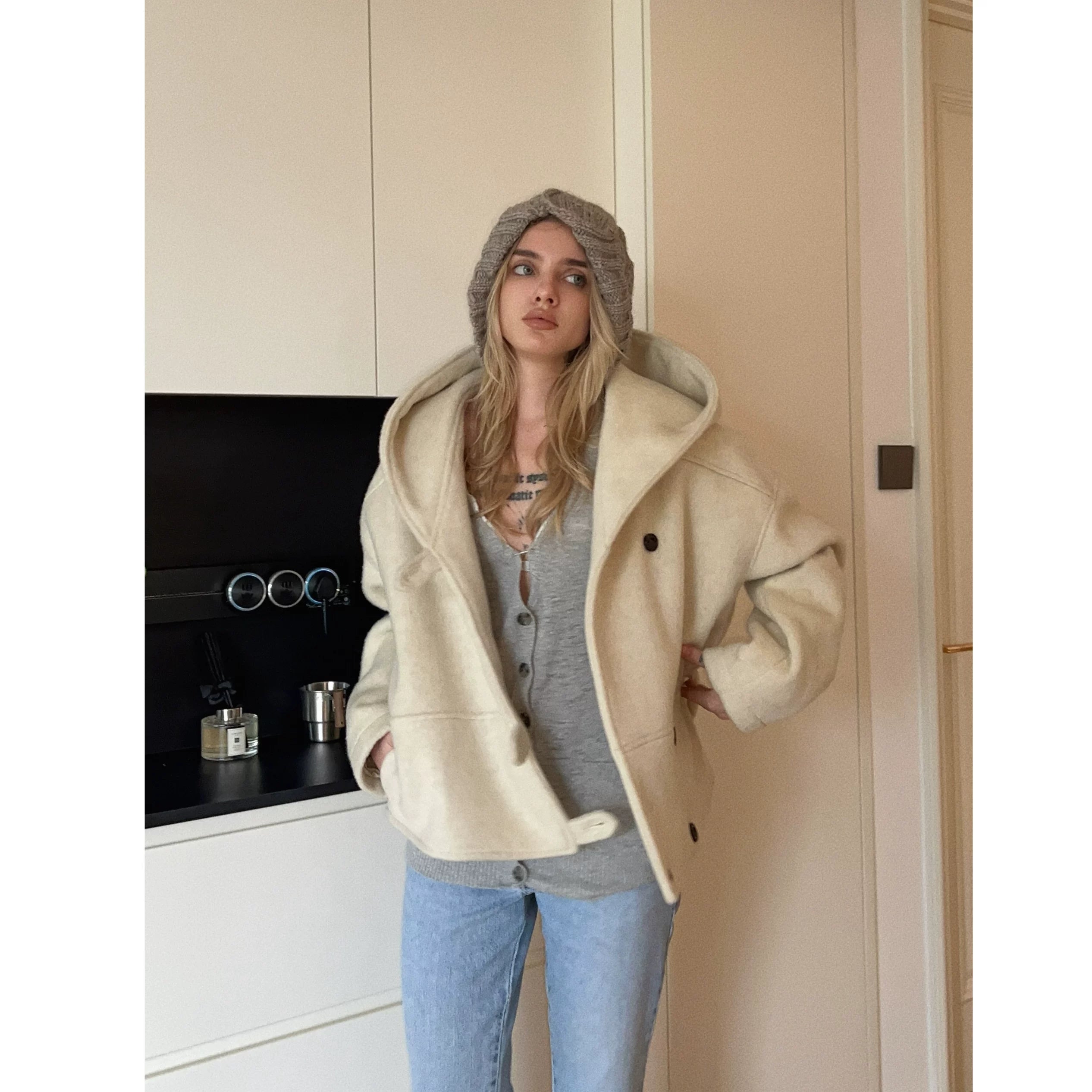 Lorbrv | 100% Wool Hooded Drop Shoulder Short Coat with Belt