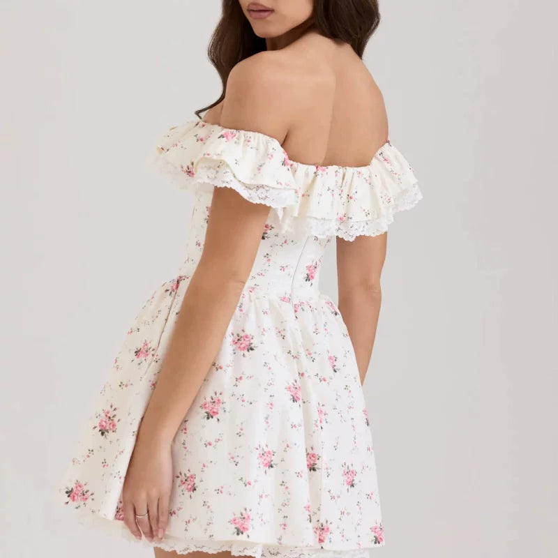 Lorbrv| French Sweet One Shoulder Floral Dress with Bow for Women