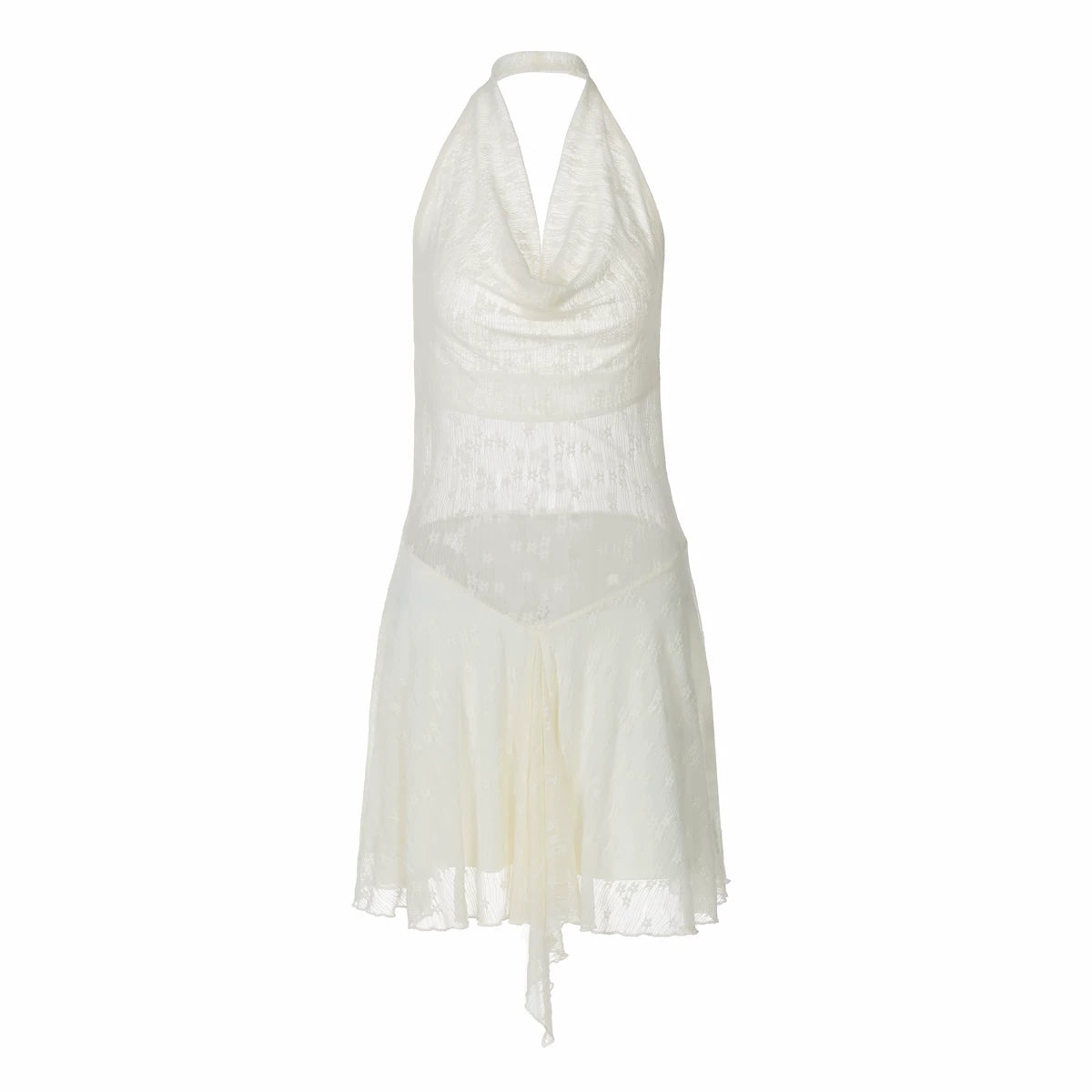 Lorbrv | Pure Sexy Semi-Sheer Jacquard Lace Halter Neck High-Waist Mini Dress for Women