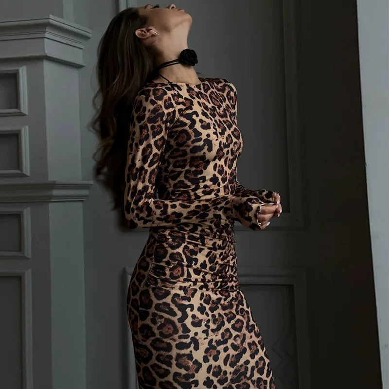 Lorbrv | European-Style Leopard Print Long Dress for Women