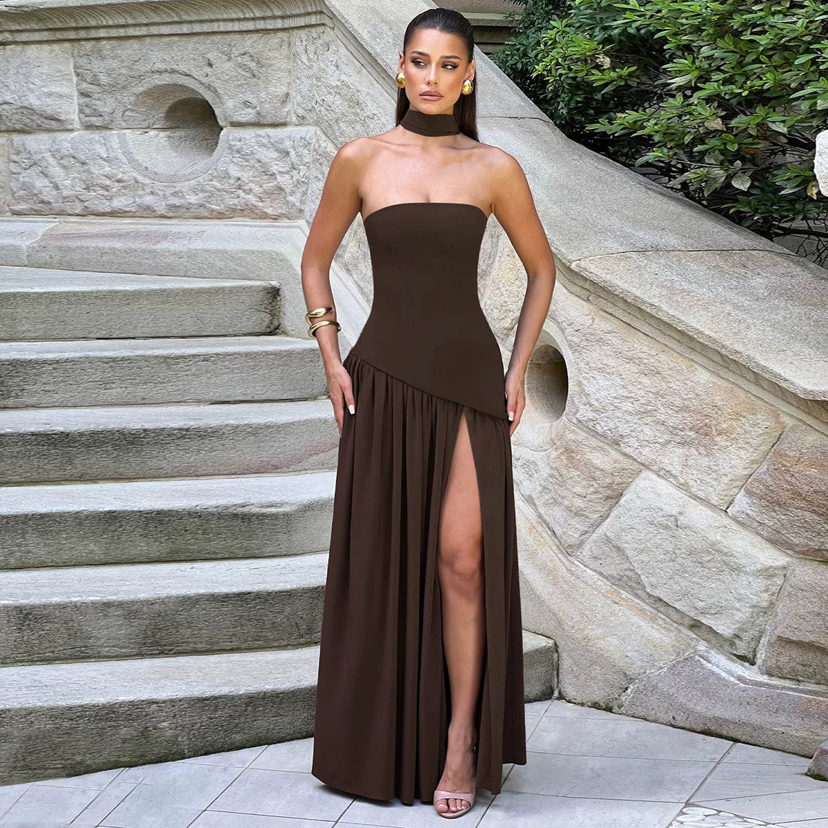 Lorbrv | European-American One-Shoulder Tube Top High-Slit MIDI Dress for Women
