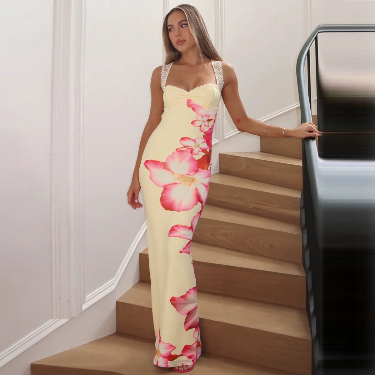 Lorbrv| European-American Double-Layer Mesh Lace Suspender Maxi Dress for Women