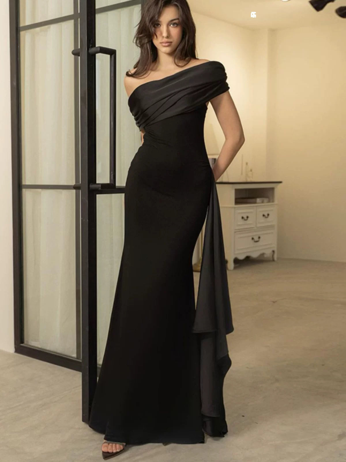 Lorbrv | European-American One-Shoulder Black Evening Dress for Women, Long Slim Dinner Party Gown
