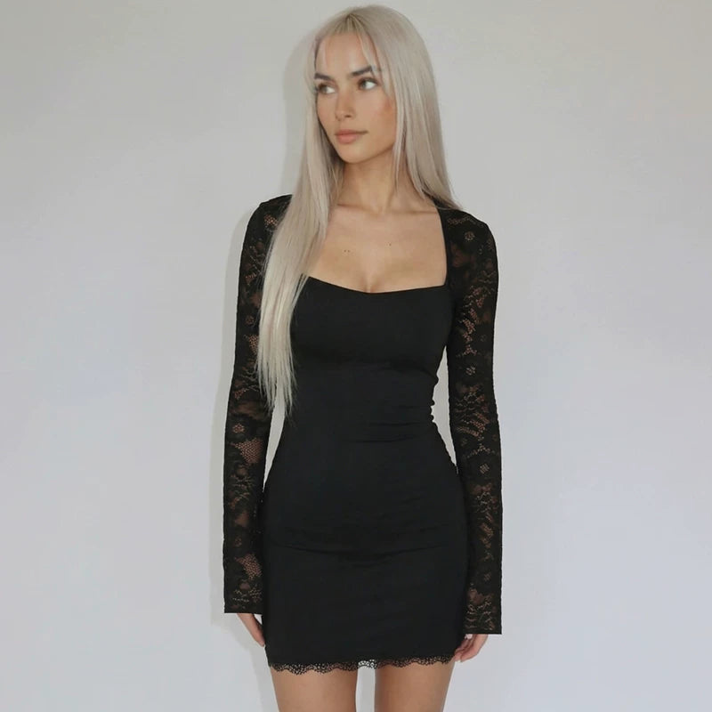 Lorbrv| Temperament Square Neck Lace Splicing Long-Sleeve Dress for Women