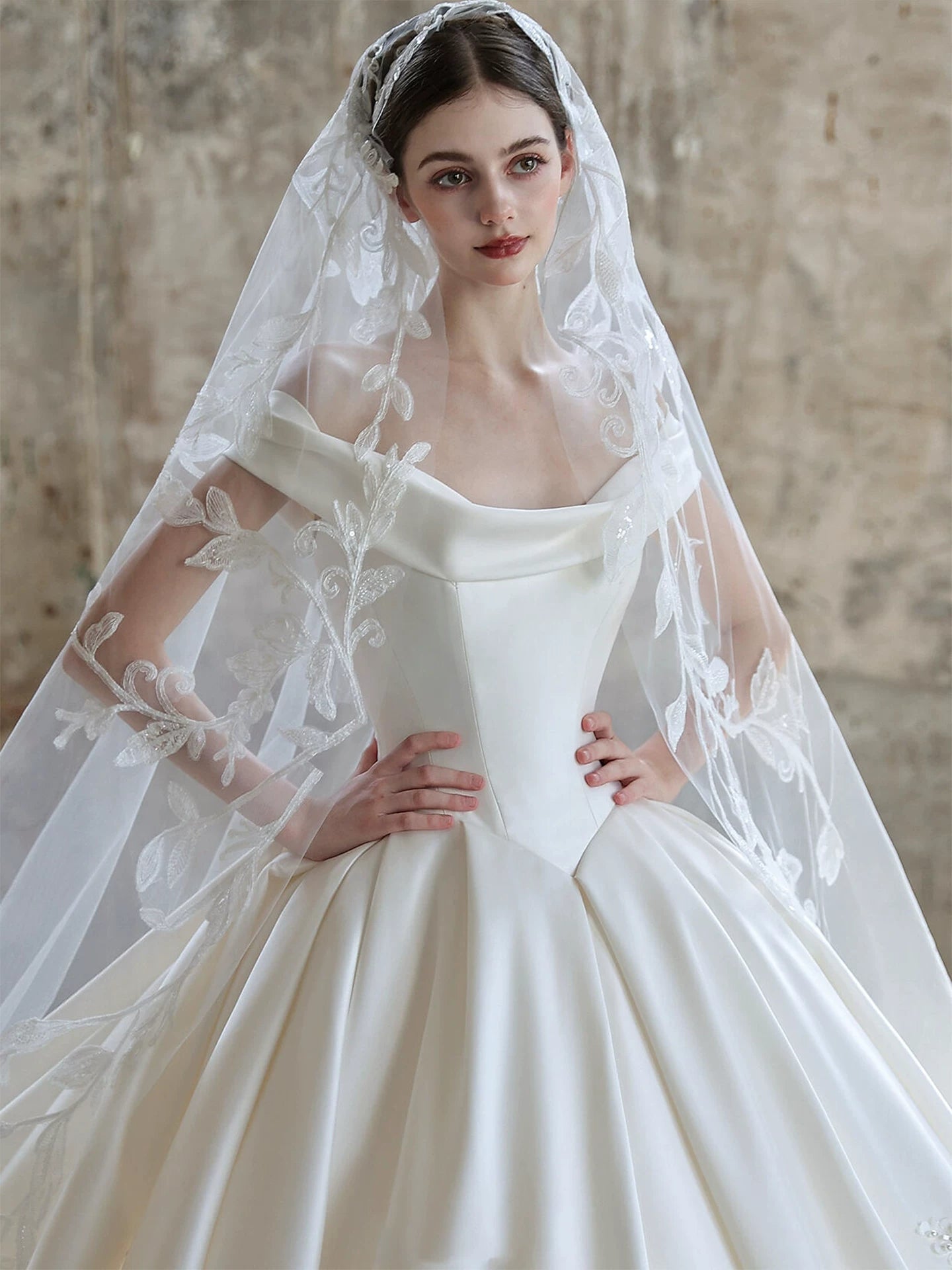 Lorbrv | One-Shoulder French High-End Satin Wedding Dress with Trailing Skirt