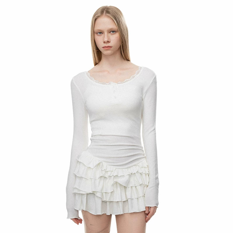 Wcoumq | Faux Two-Piece Ruffled Long Sleeve Slim-Fit Mini Dress